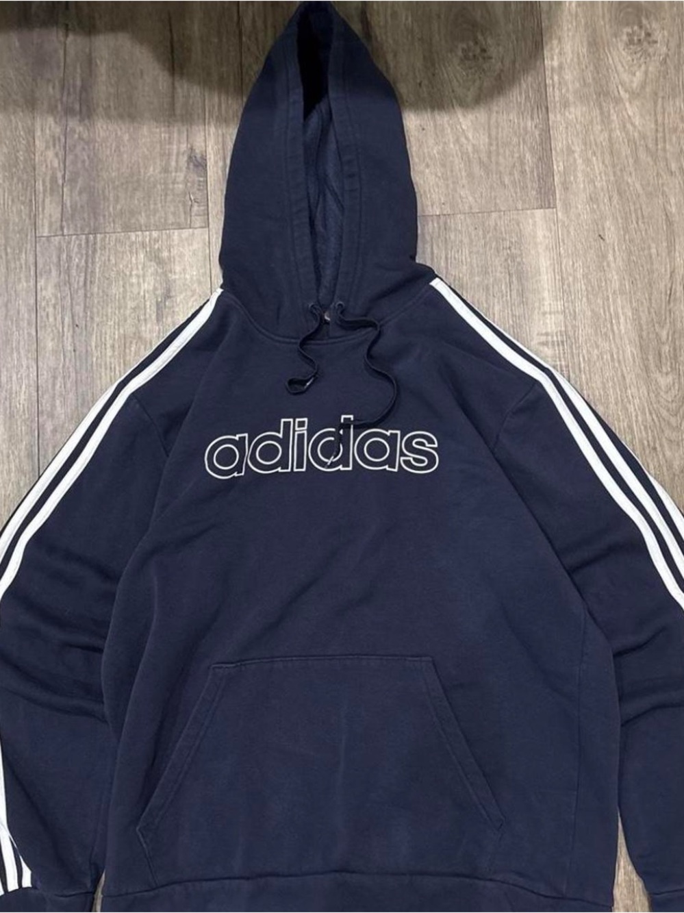 adidas Navy Hoodie with White Logo and Sleeve Stripes